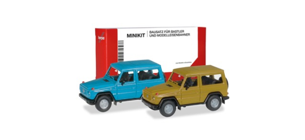 Herpa 012645-009 MB G-Modell geschlossen kurzer Radstand chinablau und currygelb 1:87 Spur H0 Bausatz