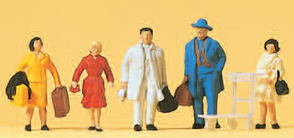 Preiser 14104 Figurenset Reisende 5 bemalte Figuren mit einem Gepäckwagen 1:87 Spur HO