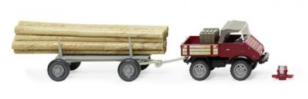 Wiking 087006 MB Unimog U 411 1956 - 1974 braunrot mit 2-achs Langholzanhänger 1:87 Spur H0