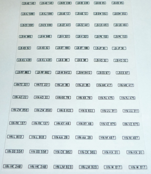 Decalsatz KFZ-Kennzeichen Bundesrepublik Deutschland Landkreis Ludwigsburg + Heilbronn 1:87 Spur H0