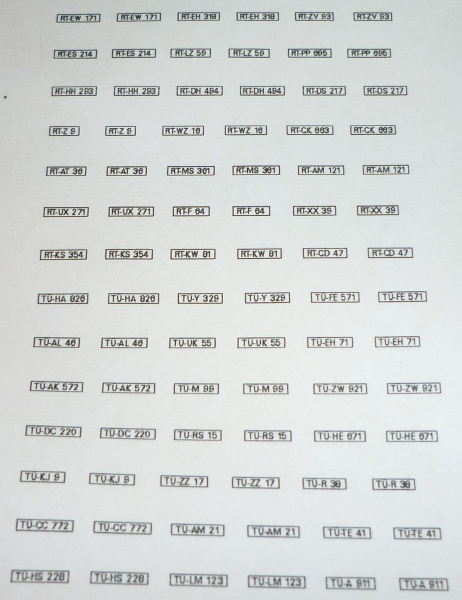 Decalsatz KFZ-Kennzeichen Bundesrepublik Deutschland Landkreis Reutlingen + Tübingen Set 2 1:87 Spur H0