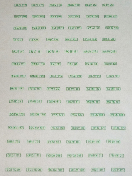 Decalsatz KFZ-Kennzeichen Bundesrepublik Deutschland landwirtschaftliche Kennzeichen Baden-Württemberg 1:87 Spur H0