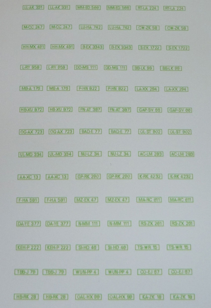 Decalsatz KFZ-Kennzeichen Bundesrepublik Deutschland landwirtschaftliche Kennzeichen 1:87 Spur H0