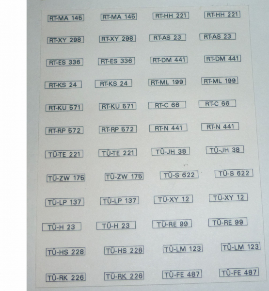 Decalsatz KFZ-Kennzeichen Bundesrepublik Deutschland Landkreis Reutlingen + Tübingen 1:43